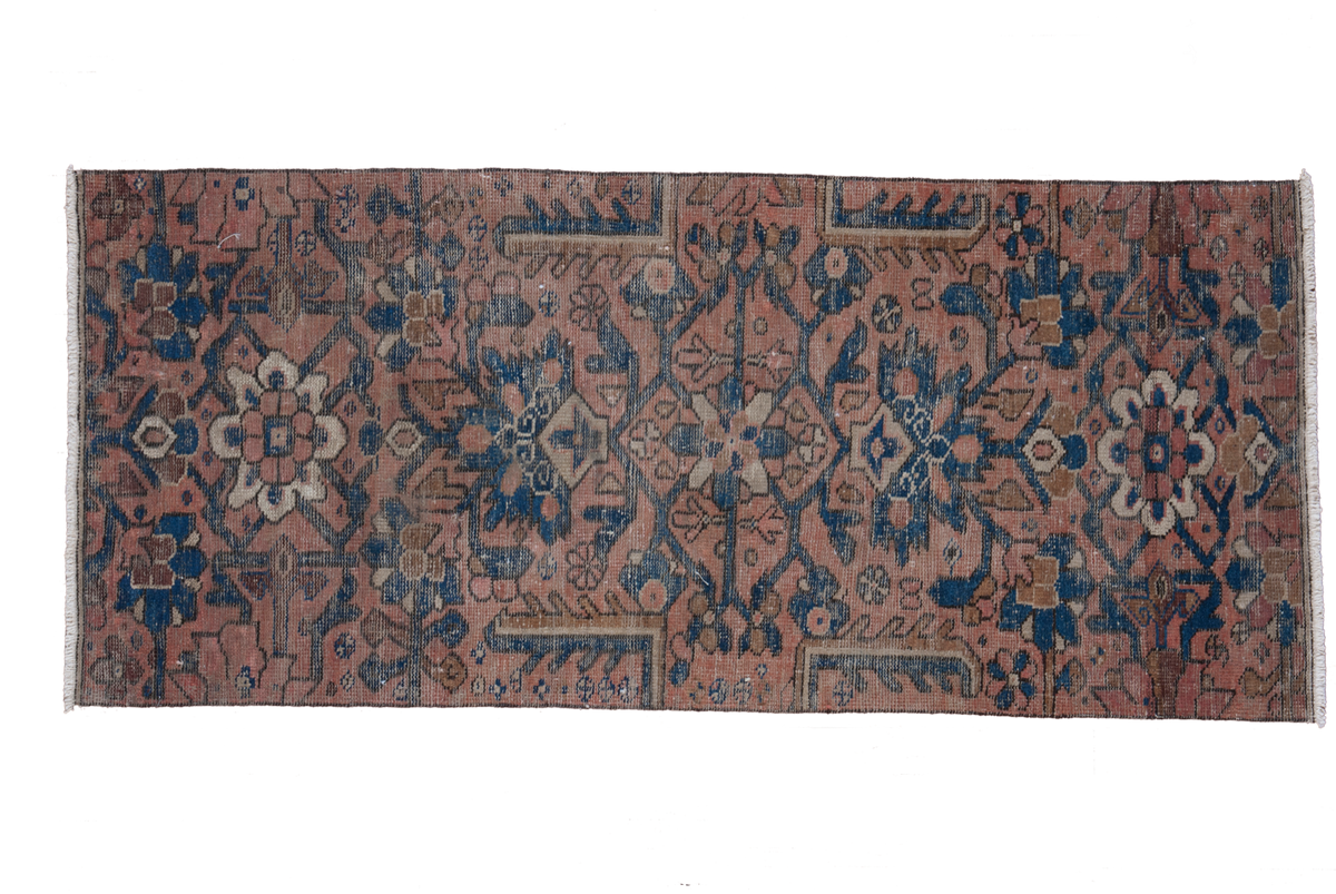 Vintage 1930s Persian Hamadan runner with allover dusty rose and indigo oversize Herati motif.