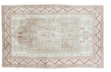 Distressed vintage Oushak rug with platinum, light sage, and faded red geometric patterns, 3x5.