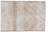 Decorative distressed Oushak rug with ivory, charcoal, and raspberry diamond checker pattern, 4x6.