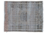 Distressed Oushak column prayer rug, silver, platinum, and orange with lantern, floral motifs.