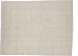 Distressed Oushak carpet in soft wheat beige with faint patterns. 5'8