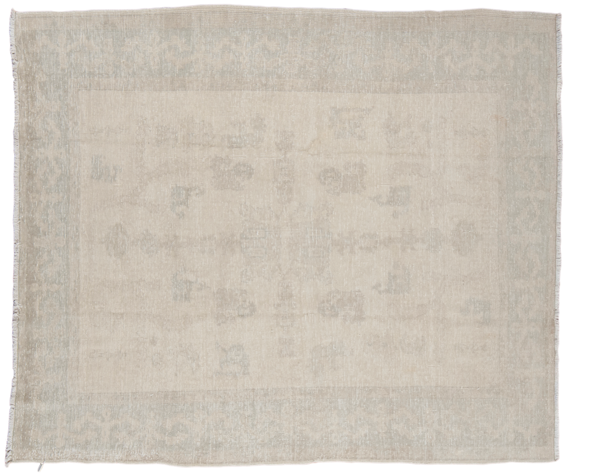 Distressed Oushak carpet with pale silver field and faded earth tones, 6'3" x 7'3".