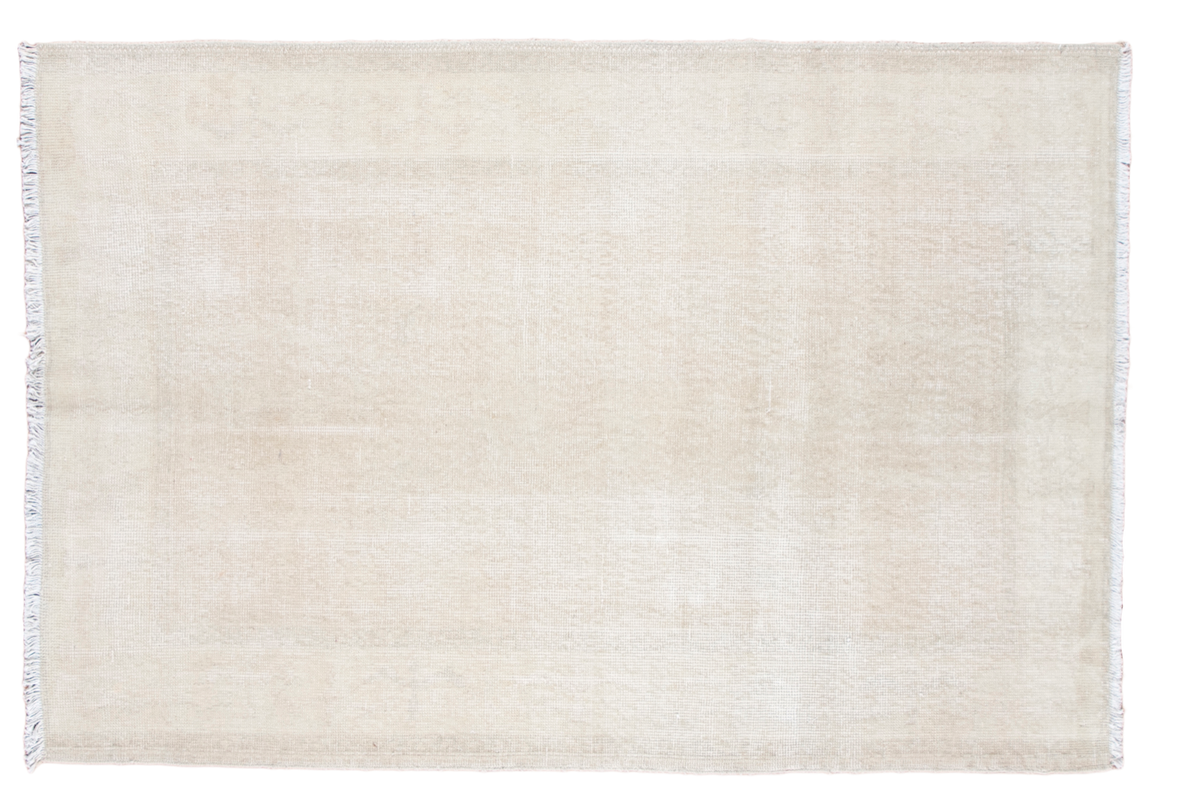 Distressed vintage Oushak rug, faded rose ivory white shade, worn texture, 4'3" x 6'5".