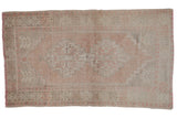 Faded brick rose distressed Oushak rug with tribal geometric medallion and corner plants, 3'7