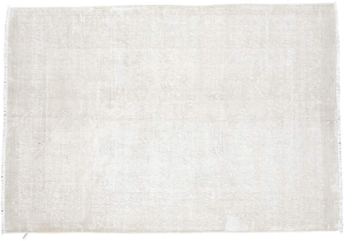 Distressed Oushak rug, blanched white, ivory, and subtle grey tones.