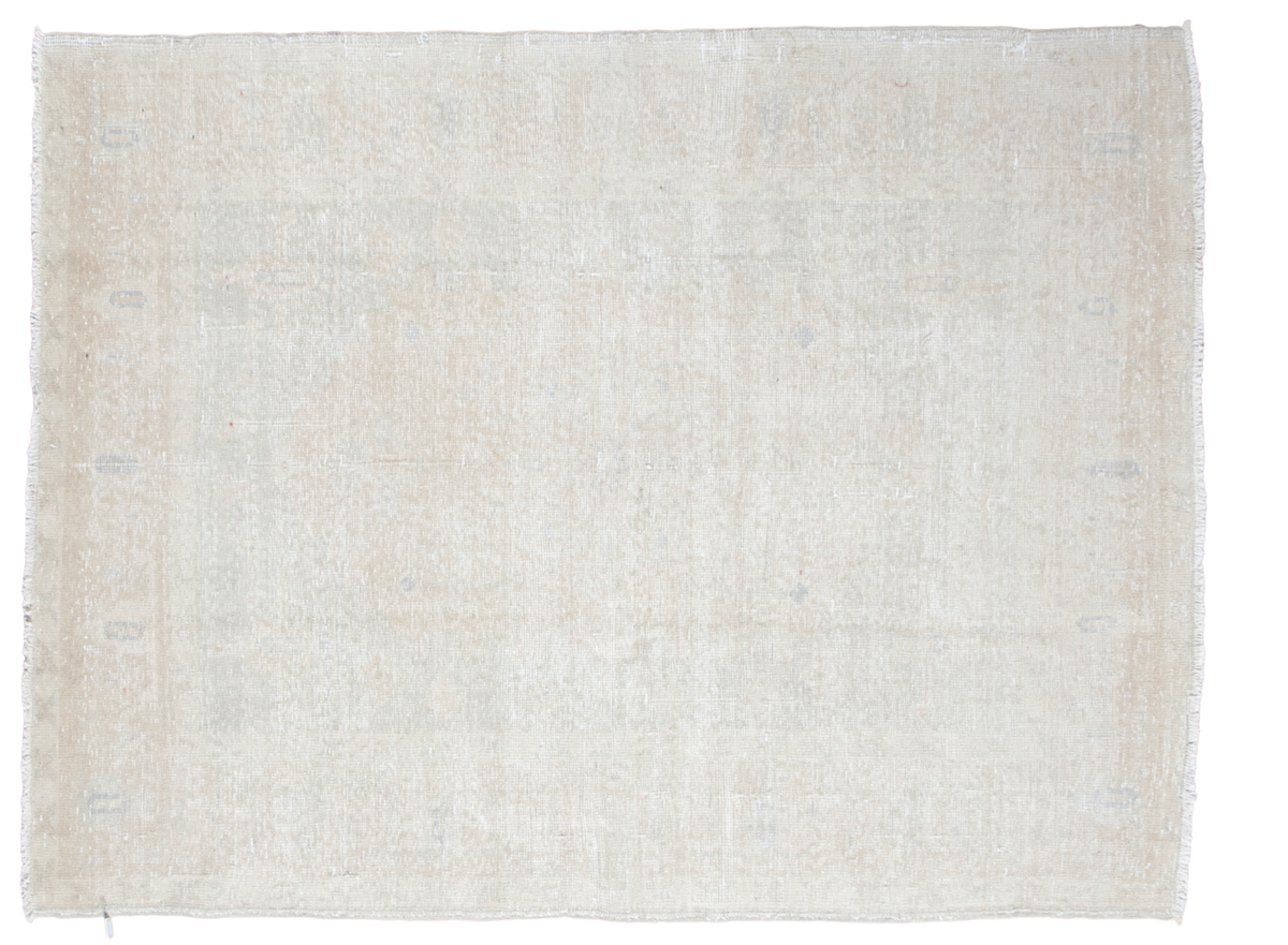 Light blanched white ivory Distressed Oushak rug with faded pale patterns, 5x6'8".