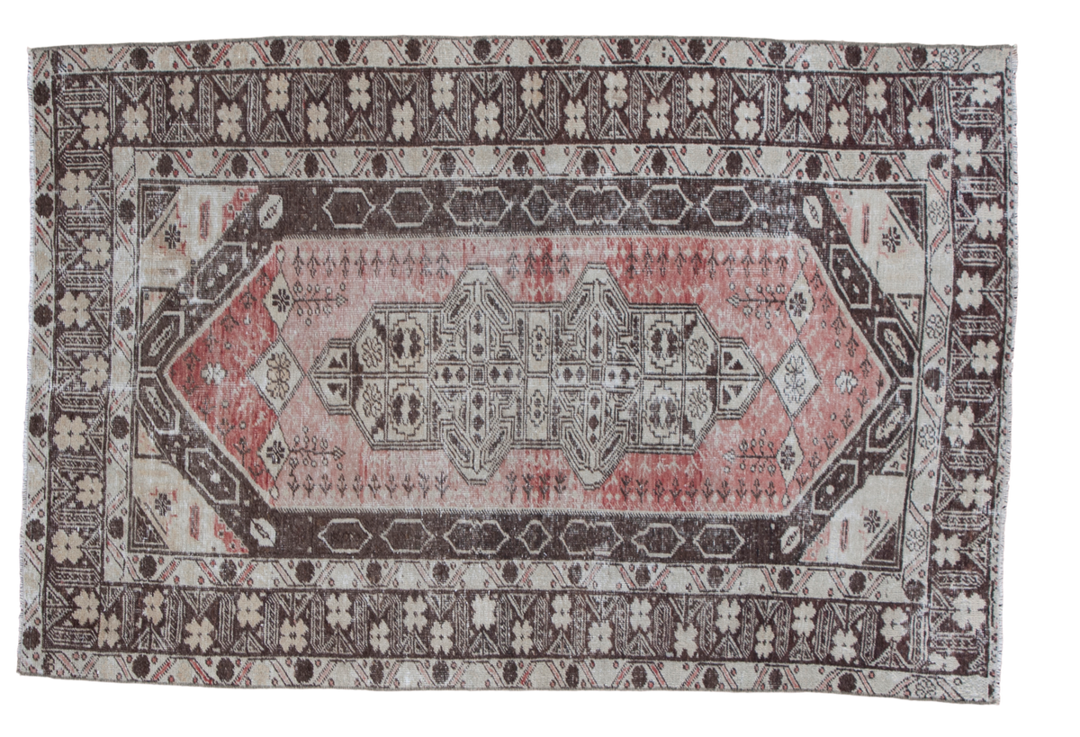 Distressed Oushak rug in brick rose, chocolate, and ivory, with ornate central medallion, 4x6.