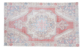 Distressed vintage Turkish Oushak rug in brilliant brick red, creamy ivory, and soft blue tones.