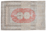 Vintage Oushak rug, brick orange red field, intricate double medallion motif, and natural abrash.