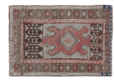 Vintage Oushak rug with muted rose, grey, and brown geometric tribal motifs, 3x4.