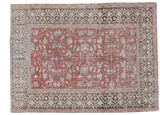 Distressed vintage Oushak rug, red field, ivory vines, grey charcoal border, 4'1
