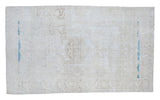 Distressed Oushak rug in blanched snow white, faded beige designs and aqua blue abrash.