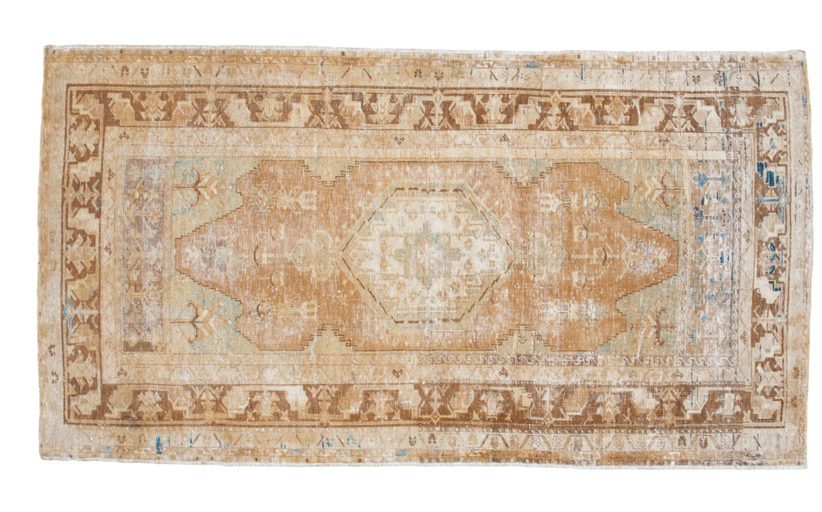 Distressed Oushak rug with faded golden-bronze field, aqua accents, 4x7.5.