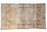 Vintage distressed Oushak rug, faded medallion in soft beige, bronze, grey, 4'4