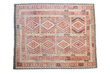 New Kilim carpet with brilliant red, beige, and blue geometric diamond patterns, 8x9'10