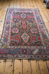 Antique Bidjar rug lower border with red, brown, blue geometric patterns and soft aged fringe.
