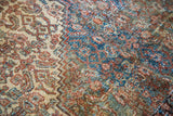 Distressed antique Senneh rug pile with overdyed royal blue, red rust, aqua tones.
