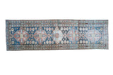 Vintage 1940s distressed Persian Malayer runner, geometric denim blue and brick red.