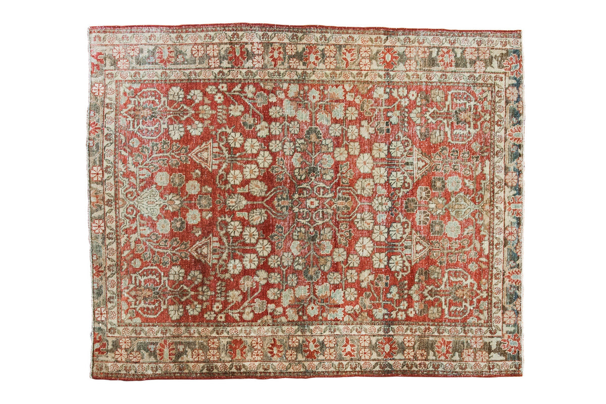 Distressed antique Tabriz rug, brilliant cinnabar red and blossoming floral motifs, 3'6" x 4'4".