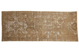 Vintage 1940s Turkish Oushak runner, distressed bronze and ivory palette with scrolling wave border, 3'1