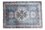 Distressed vintage Caucasian carpet with popping brilliant blue and geometric design, 4'10