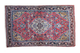 Vintage Josan Sarouk rug, soft cranberry red, scrolling scalloped medallion, floral palmette motifs, 3'3