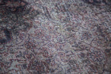 Textured, distressed vintage Sivas carpet pile showing faded red and blue traditional motifs.
