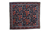 Antique Guli Hannai Afshar rug, deep blue field with cinnabar red floral motif, 3'8