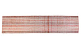 Flat woven Kilim runner rug with soft rose red and wine burgundy stripes.