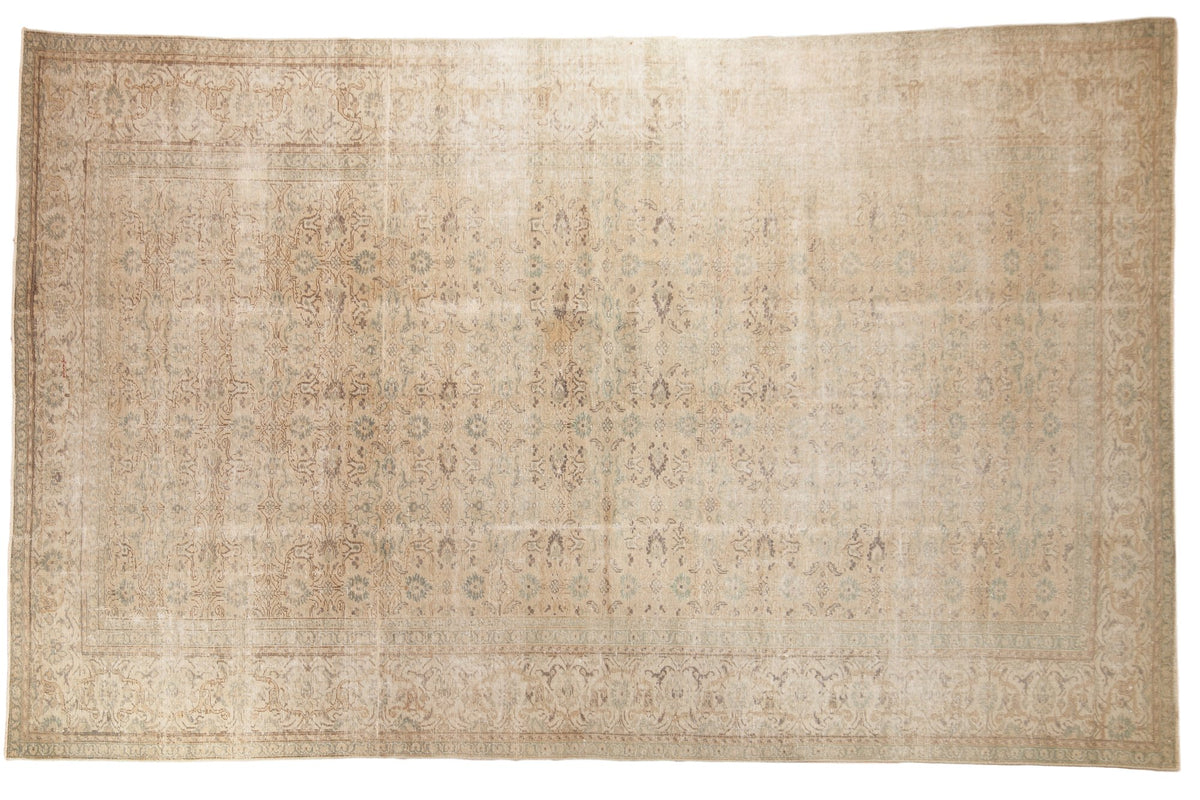 Distressed Oushak carpet with faded ivory, green, and beige allover floral patterns, 6'2" x 9'9".