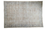 Distressed Oushak carpet in faded beige with allover shadow Lotto motif and muted grey borders, 7x10.