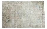 Distressed vintage Turkish Oushak carpet, faded medallion, soft coral, silver, charcoal, tan, 6x9.7 feet.