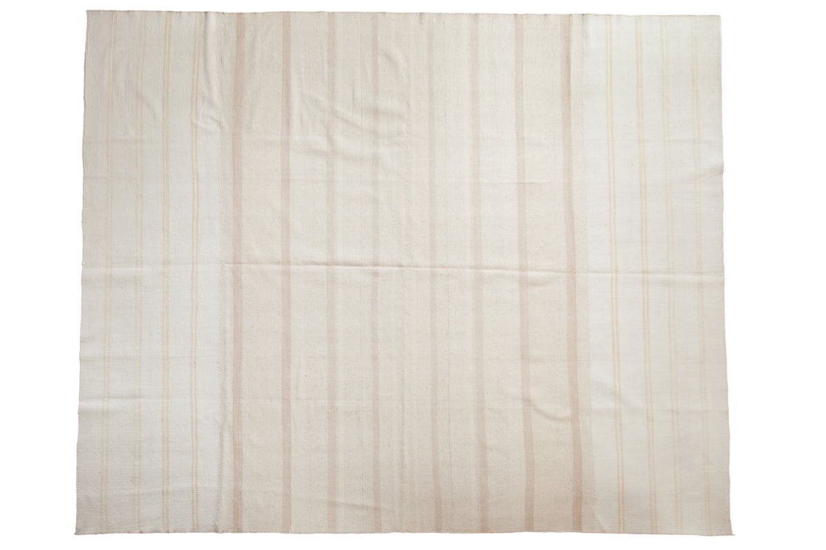 Vintage dhurrie flatwoven carpet, bleached ivory with vertical beige, gold, and silver-toned stripes, 9x11.