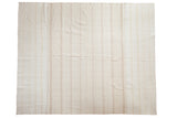 Vintage dhurrie flatwoven carpet, bleached ivory with vertical beige, gold, and silver-toned stripes, 9x11.
