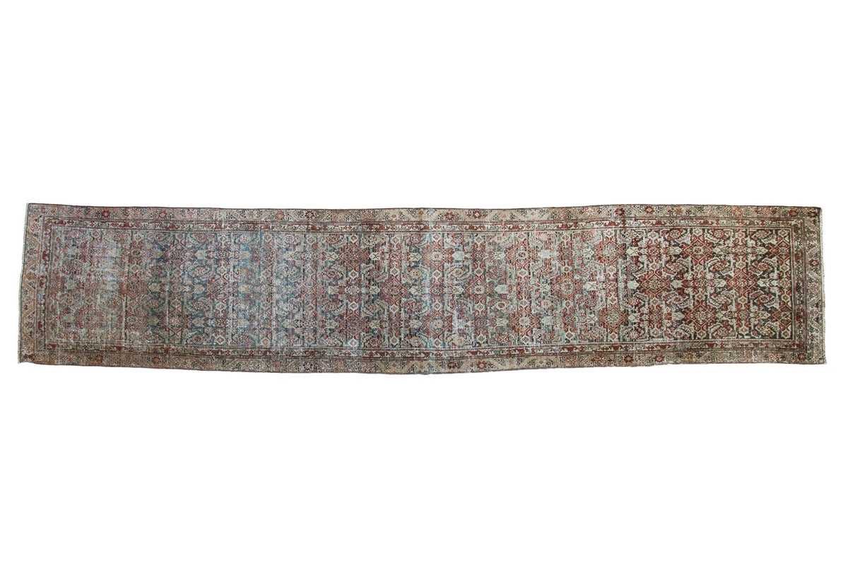 Vintage Malayer runner, allover distressed Herati design in slate blue, brick red, beige.