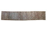 Vintage Malayer runner, allover distressed Herati design in slate blue, brick red, beige.