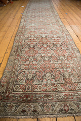 Distressed vintage Malayer runner: Herati design, meandering border, brick red, beige, slate blue.