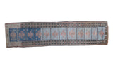 Vintage Oushak hand-knotted runner, geometric design in rich blue, powder blue, and faded pink.