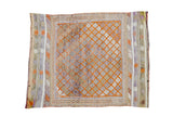 Distressed Jijim rug with geometric tangerine orange, silver, ivory, earth tone diamonds. 2'10
