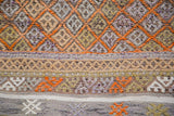 Distressed Jijim rug's textured hand-weave, showing orange, ivory, and grey geometric bands.