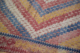 Vintage Jajim carpet: geometric bands and border in denim blue, red, saffron yellow, ivory.