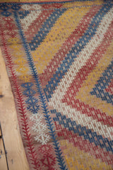 Vintage Jijim carpet's hand-woven border and vibrant geometric pattern in blue, red, yellow, ivory.