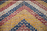 Hand-woven geometric pattern with denim blue, grapefruit red, and saffron yellow tones.