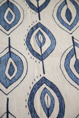 New Kilim rug detail: flayed leaf pattern in jean blue, deep denim, and ivory.