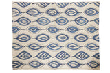 New Kilim rug with expressive flayed flower and leaf motifs in jean blue and deep denim on an ivory field, 4'8