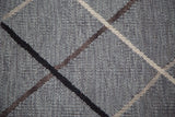 Metal-grey Kilim flatweave texture with argyle lines in ivory, beige, black, brown.