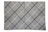 New Kilim rug, metal-grey field, argyle pattern with ivory, beige, black, brown lines.