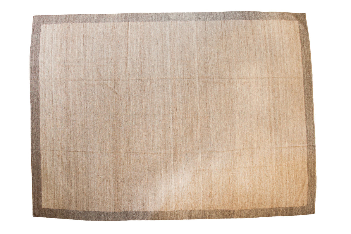 Minimalistic new wool Kilim carpet, light brown with a gray-brown border, 9' x 12'4".