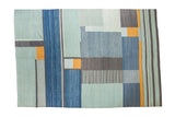 Abstract hand woven kilim carpet, geometric blocks and stripes in charcoal, blues, saffron gold, 6' x 8'6