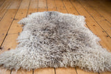 Close-up of soft angora wool pelt showing curly, variegated gray and brown texture.